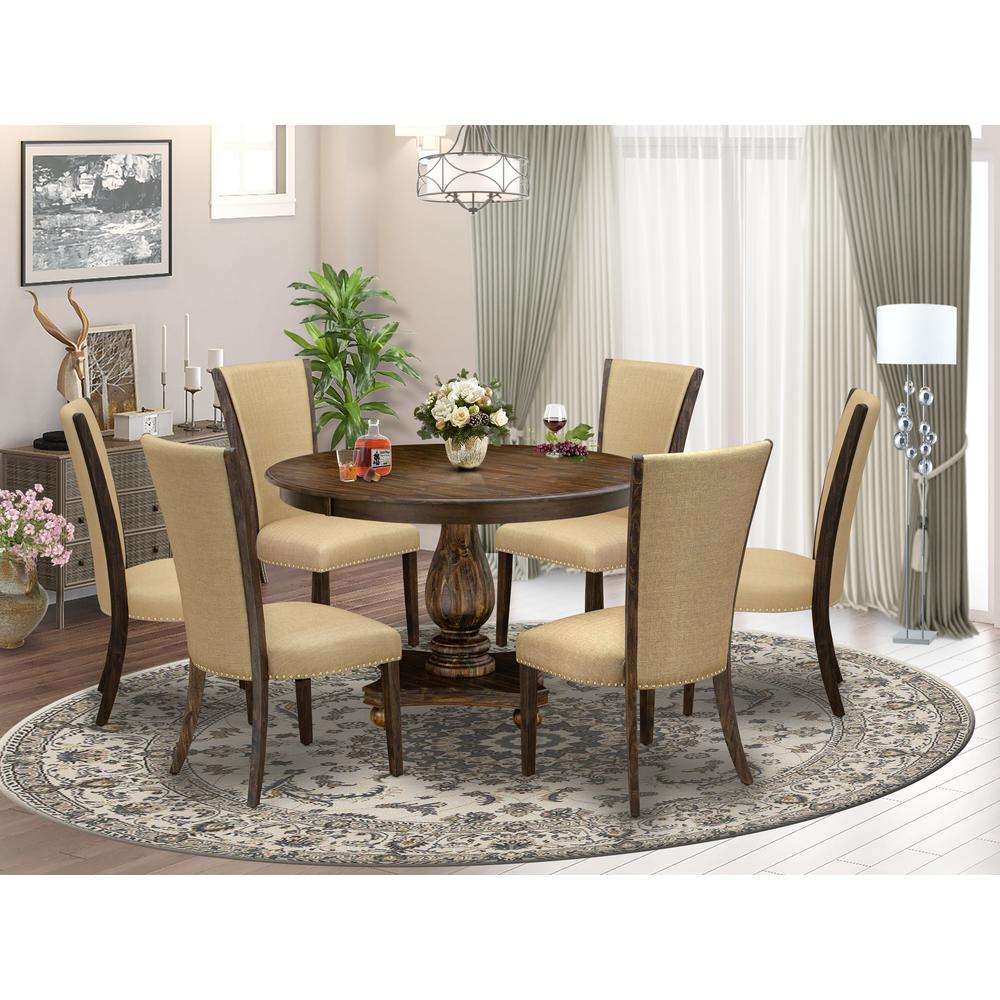 East West Furniture 7-Piece Modern Dining Set - Pedestal Dining Table and 6 Brown Color Parson Padded Chairs with High Back - Distressed Jacobean Finish. Picture 2