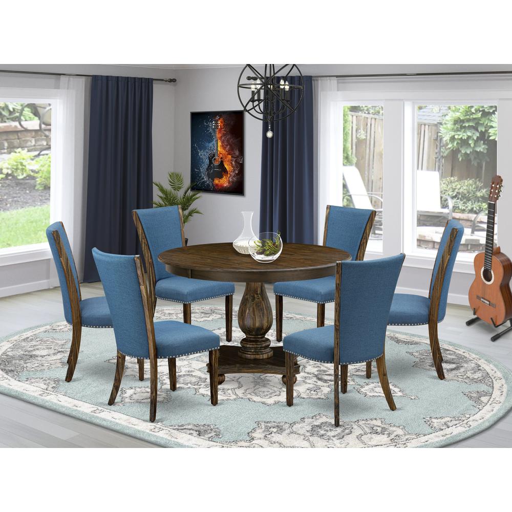 East West Furniture 7-Pc Kitchen Table Set - Pedestal Dining Table and 6 Blue Color Parson Kitchen Chairs with High Back - Distressed Jacobean Finish. Picture 2