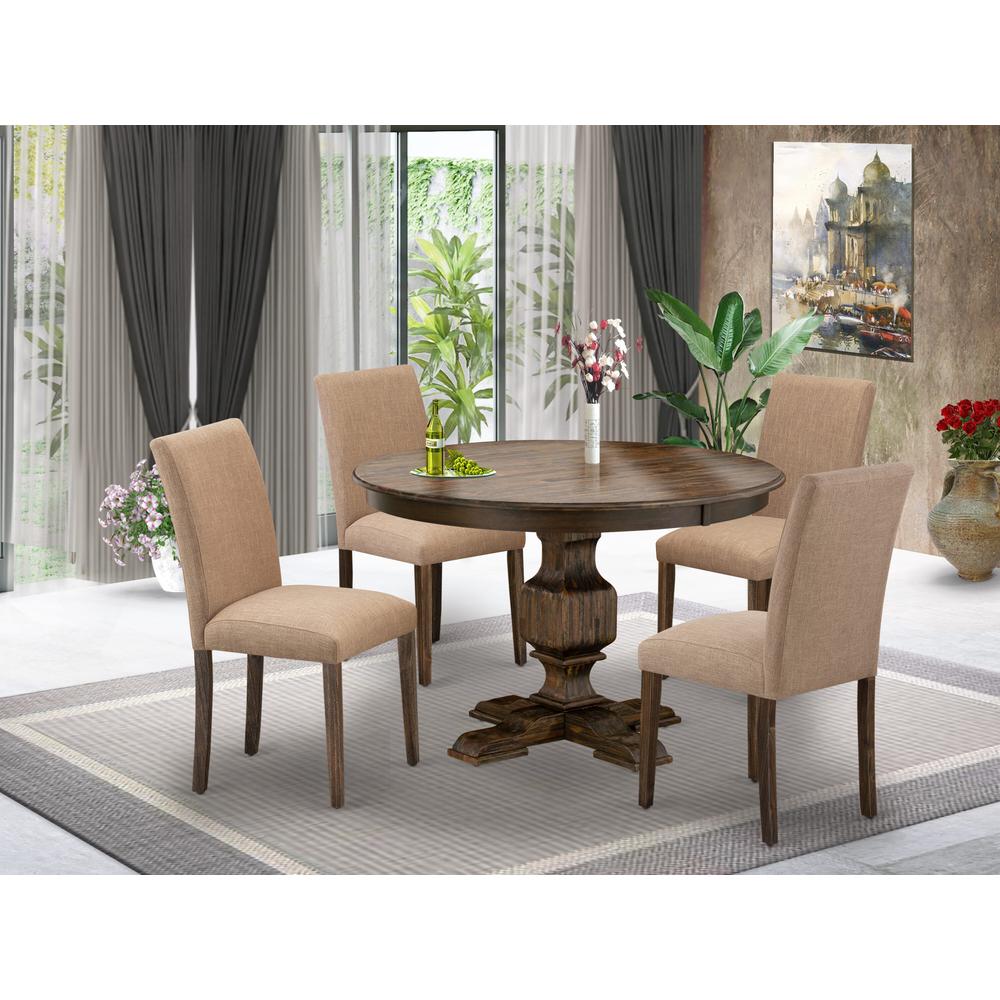 East West Furniture 5 Piece Dining Set Consists of a Mid Century Dining Table and 4 Light Sable Linen Fabric Upholstered Chairs with High Back - Distressed Jacobean Finish. Picture 2