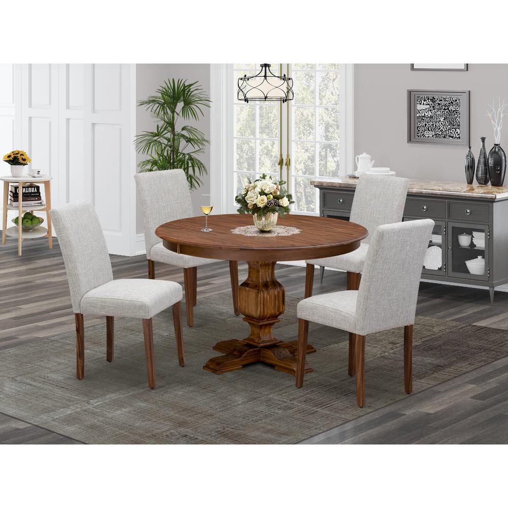 East West Furniture 5-Pc Kitchen Dining Table Set - Modern Kitchen Pedestal Table and 4 Doeskin Color Parson Chairs with High Back - Antique Walnut Finish. Picture 2