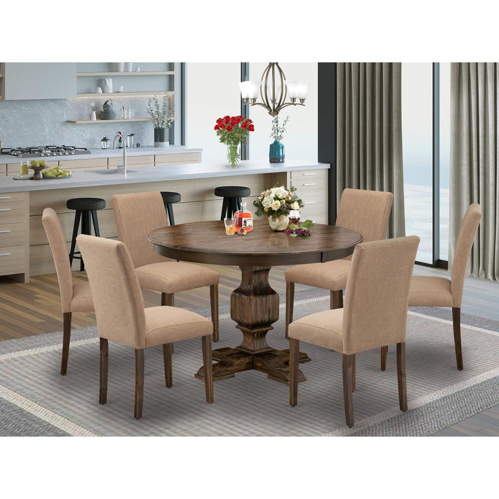 East West Furniture 7 Piece Dining Room Table Set Contains a Wooden Dining Table and 6 Light Sable Linen Fabric Kitchen Chairs with High Back - Distressed Jacobean Finish. Picture 2