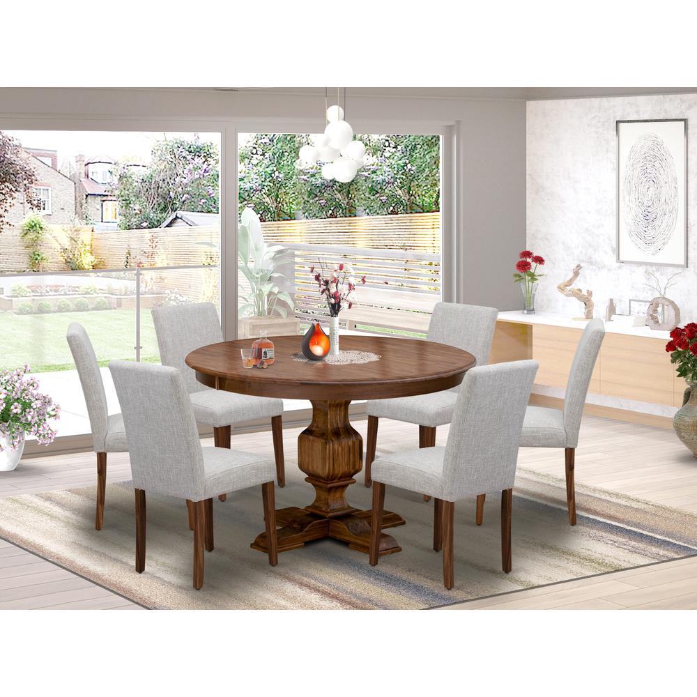 East West Furniture 7-Pc Kitchen Table Set - Pedestal Dining Table and 6 Doeskin Color Parson Padded Chairs with High Back - Antique Walnut Finish. Picture 2