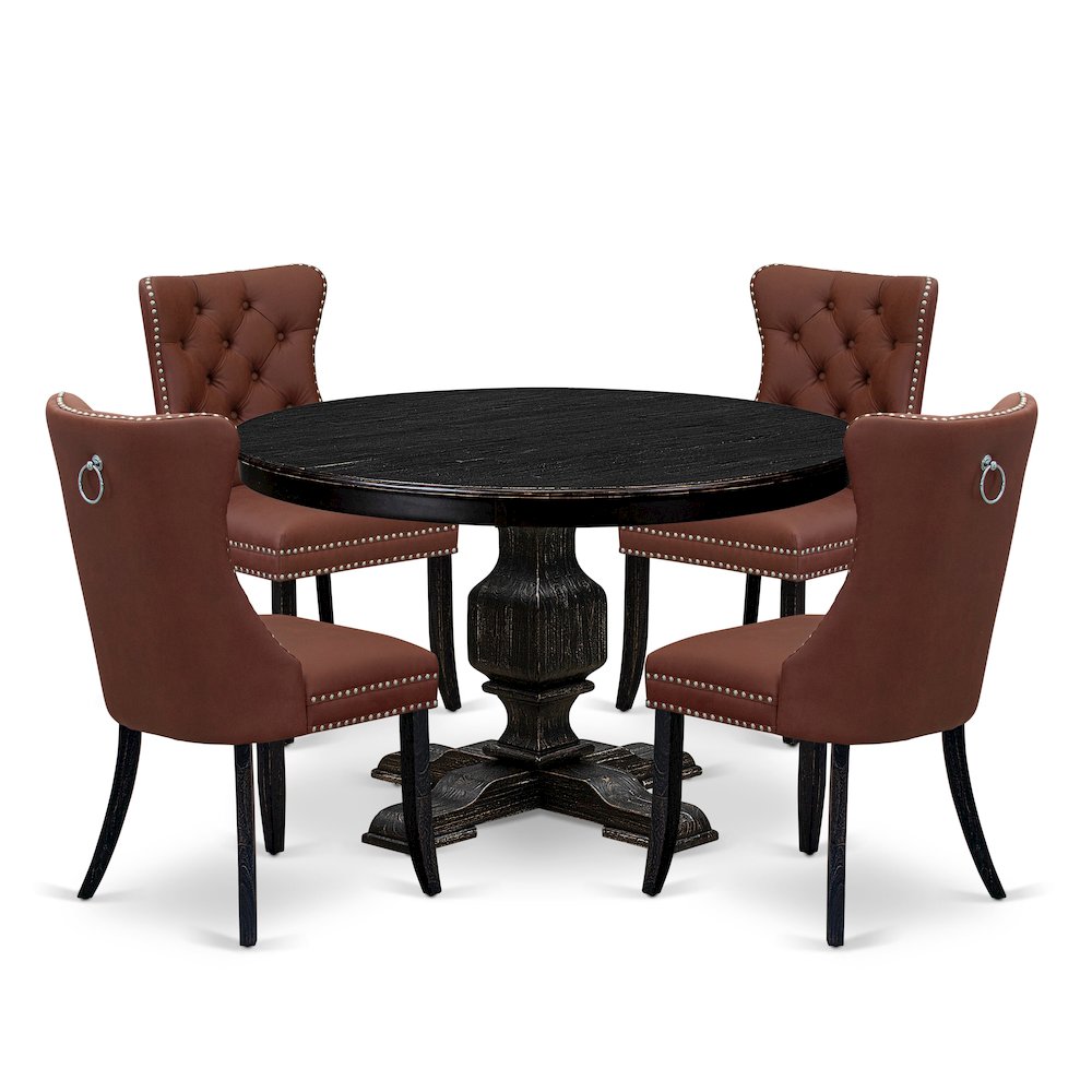 5 Piece Dining Table Set Includes 48" Round Table In Burgandy Color. Picture 1