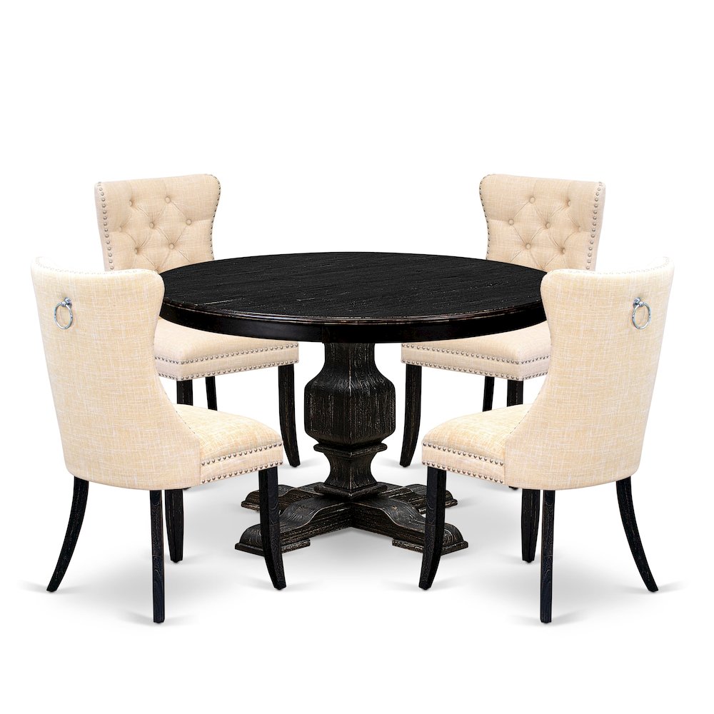 5-Piece Dining Set Of A Wood Table, 4 Light Beige Linen Fabric Dinner Chair. Picture 1
