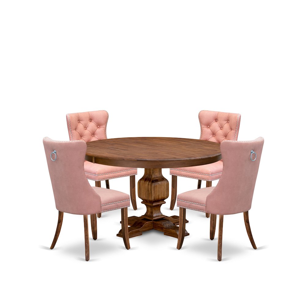 5-Pc Dining Room Table Set Include A Round Table And 4 Beige Red Parsons Chairs. Picture 1