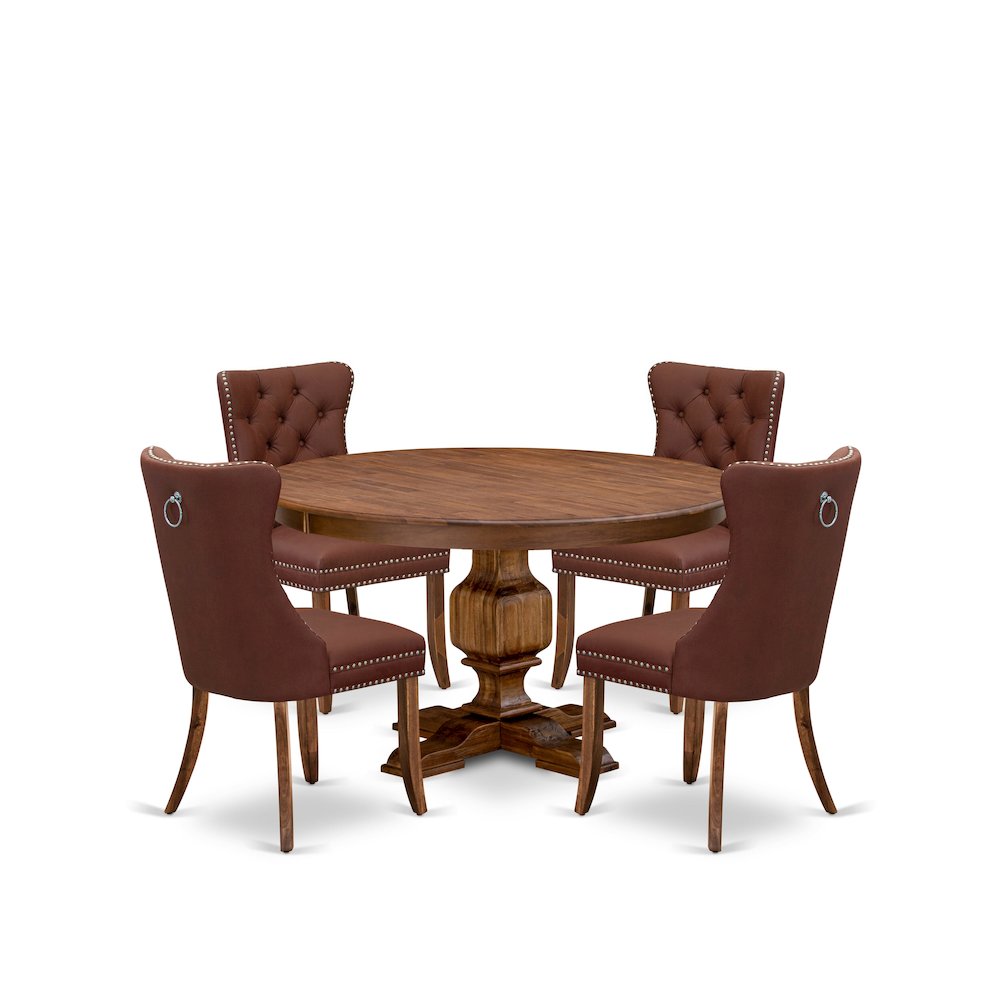 5-Pc Dining Room Set Include A Round Table And 4 Burgundy Upholstered Chairs. Picture 1