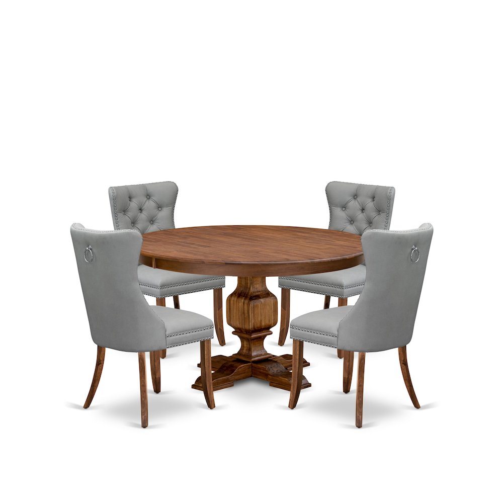 5-Pc Mid Century Dining Set Include A Round Table And 4 Light Gray Parson Chairs. Picture 1