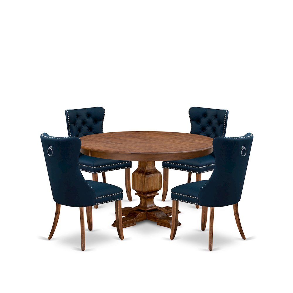 5-Pc Dining Table Set Include A Round Dining Table And 4 Navy Blue Dining Chairs. Picture 1