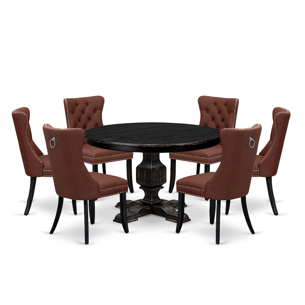 7 Piece Dining Table Set Consists Of 48" Round Table In Burgandy Color. Picture 1