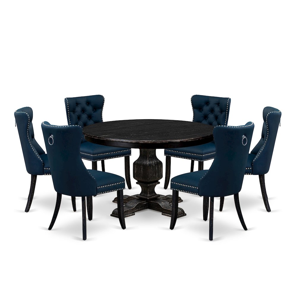 7 Piece Dining Table Set Includes 48" Round Table In Navy Blue Color. Picture 1