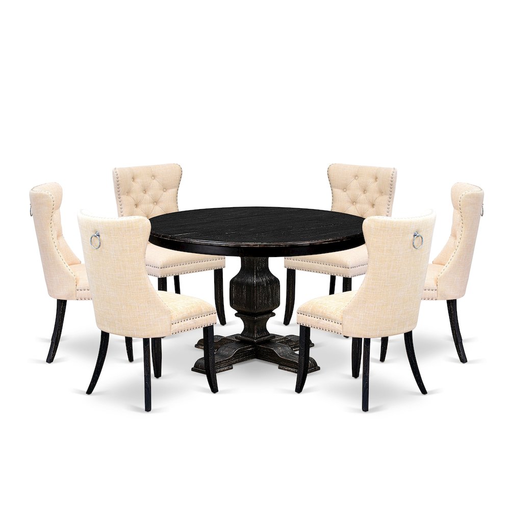 7-Pc Dining Table Set A Wooden Table, 6 Light Beige Linen Fabric Kitchen Chair. Picture 1