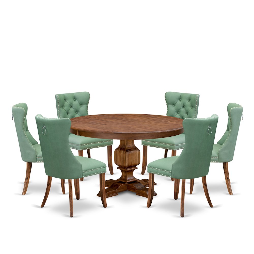 7-Piece Mid-Century Dining Table A Dining Table, 6 Willow Green Dinner Chairs. Picture 1