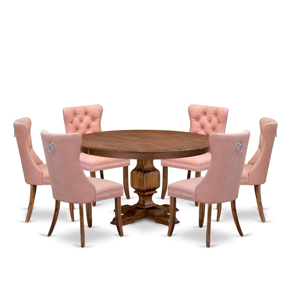 7-Pc Kitchen Set Consist A Mid Century Table And 6 Beige Red Upholstered Chairs. Picture 1