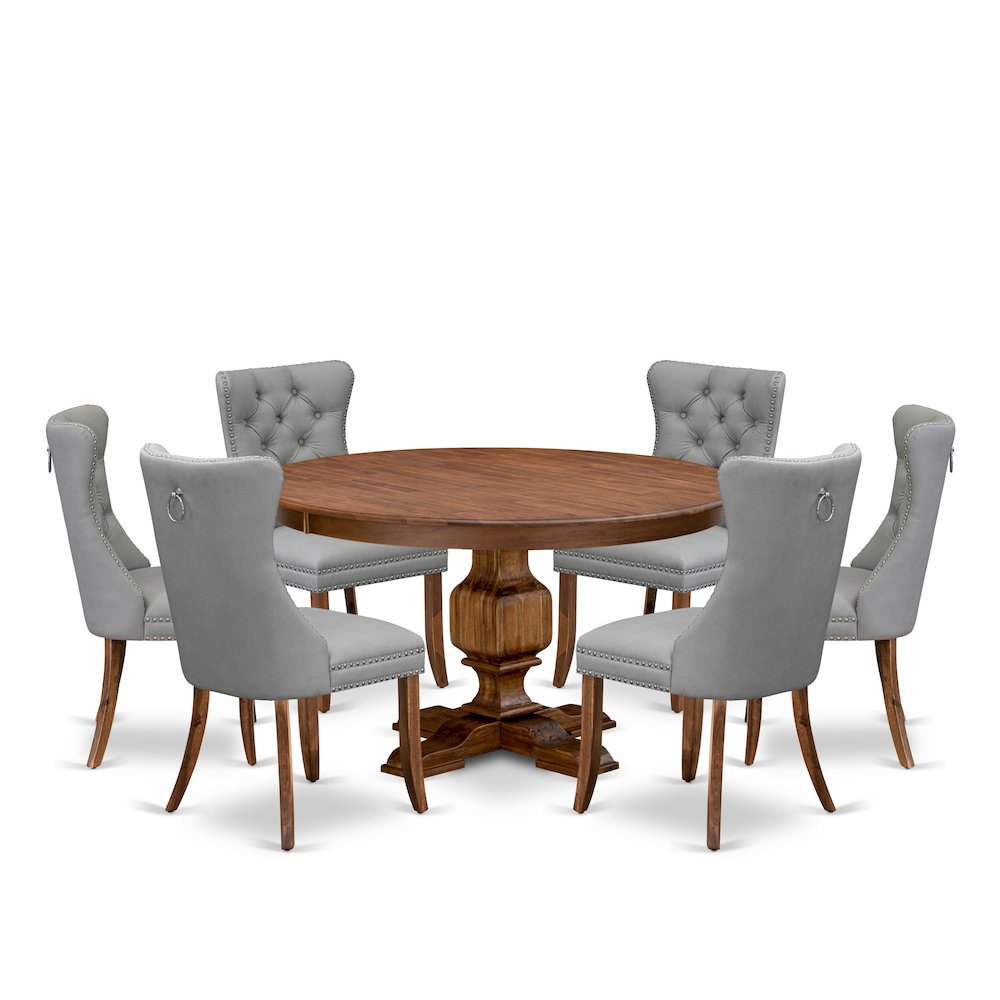 7-Pc Mid Century Dining Set Consist A Table And 6 Light Gray Upholstered Chairs. Picture 1