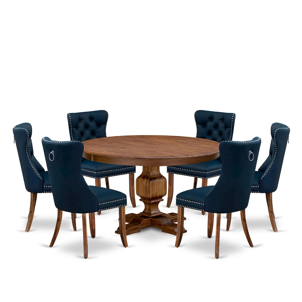 7-Pc Dinner Table Set Consist A Mid Century Table And 6 Navy Blue Parsons Chairs. Picture 1