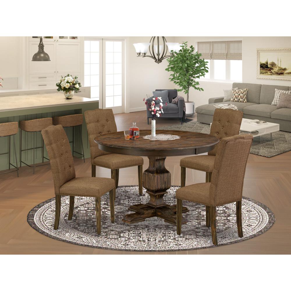 East West Furniture 5 Piece Dining Set Contains a Modern Dining Table and 4 Brown Linen Fabric Dining Chairs with Button Tufted Back - Distressed Jacobean Finish. Picture 2
