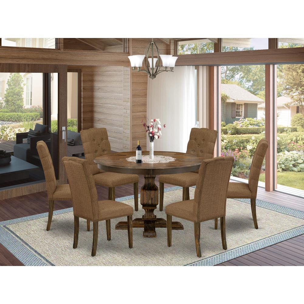 East West Furniture 7 Piece Mid Century Modern Dining Set Includes a Dining Table and 6 Brown Linen Fabric Dining Chairs with Button Tufted Back - Distressed Jacobean Finish. Picture 2