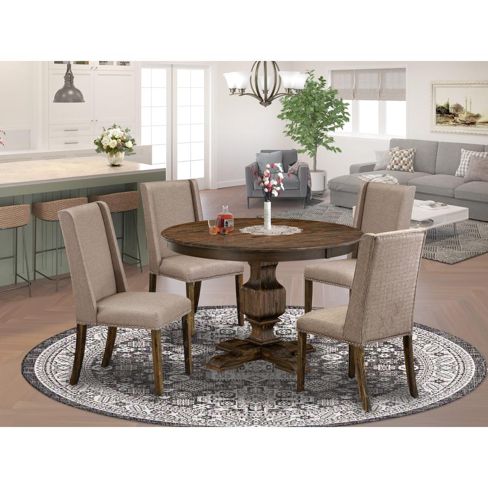 East West Furniture 5 Piece Dining Set Contains a Modern Dining Table and 4 Dark Khaki Linen Fabric Modern Dining Chairs with High Back - Distressed Jacobean Finish. Picture 2