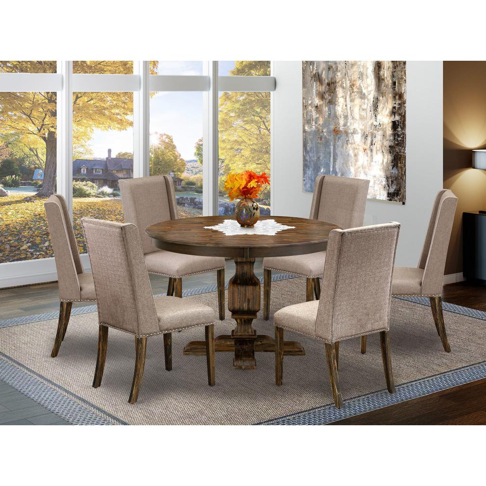 East West Furniture 7 Piece Dining Table Set Contains a Wooden Dining Table and 6 Dark Khaki Linen Fabric Dining Room Chairs with High Back - Distressed Jacobean Finish. Picture 2