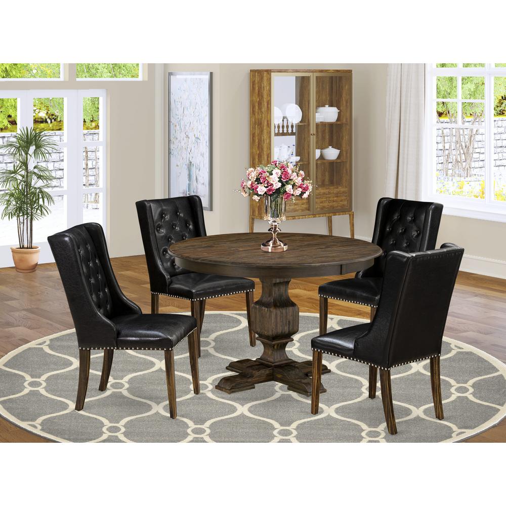 East West Furniture 5 Piece Dinner Table Set Consists of a Wooden Dining Table and 4 Black PU Leather Mid Century Dining Chairs with Button Tufted Back - Distressed Jacobean Finish. Picture 2