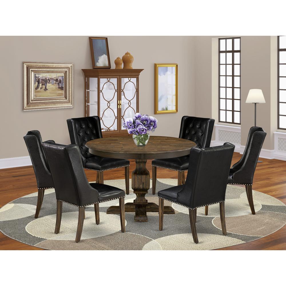 East West Furniture 7 Piece Kitchen Dining Table Set Consists of a Dinner Table and 6 Black PU Leather Dining Room Chairs with Button Tufted Back - Distressed Jacobean Finish. Picture 2