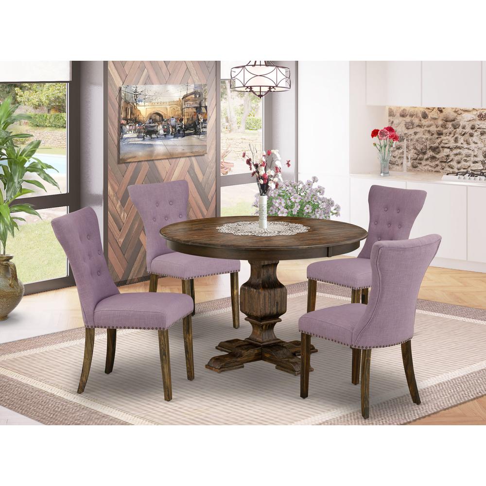 East West Furniture 5 Piece Dining Room Table Set Contains a Dinner Table and 4 Dahlia Linen Fabric Upholstered Chairs with Button Tufted Back - Distressed Jacobean Finish. Picture 2