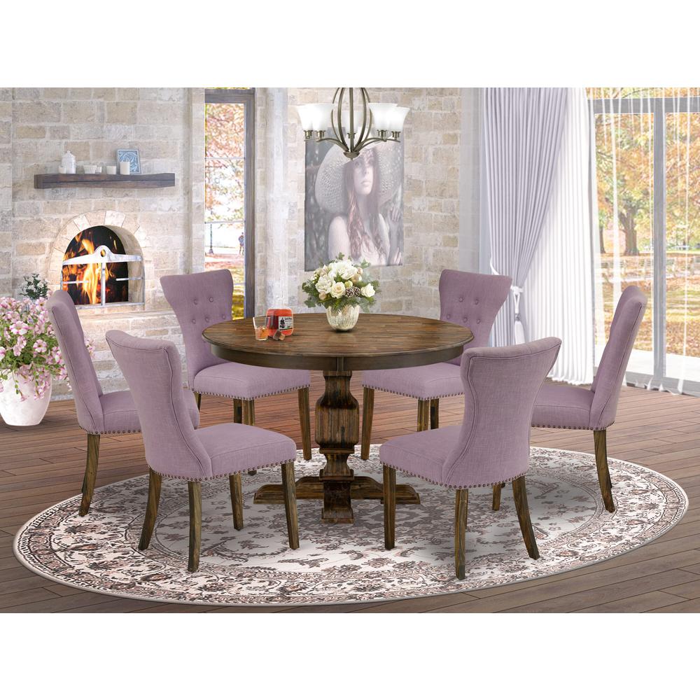 East West Furniture 7 Piece Modern Dining Set Includes a Dining Table and 6 Dahlia Linen Fabric Dining Chairs with Button Tufted Back - Distressed Jacobean Finish. Picture 2