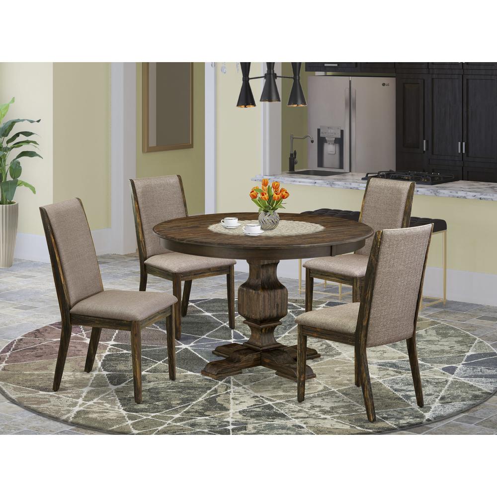 East West Furniture 5 Piece Modern Dining Set Consists of a Modern Kitchen Table and 4 Dark Khaki Linen Fabric Mid Century Modern Dining Chairs with High Back - Distressed Jacobean Finish. Picture 2