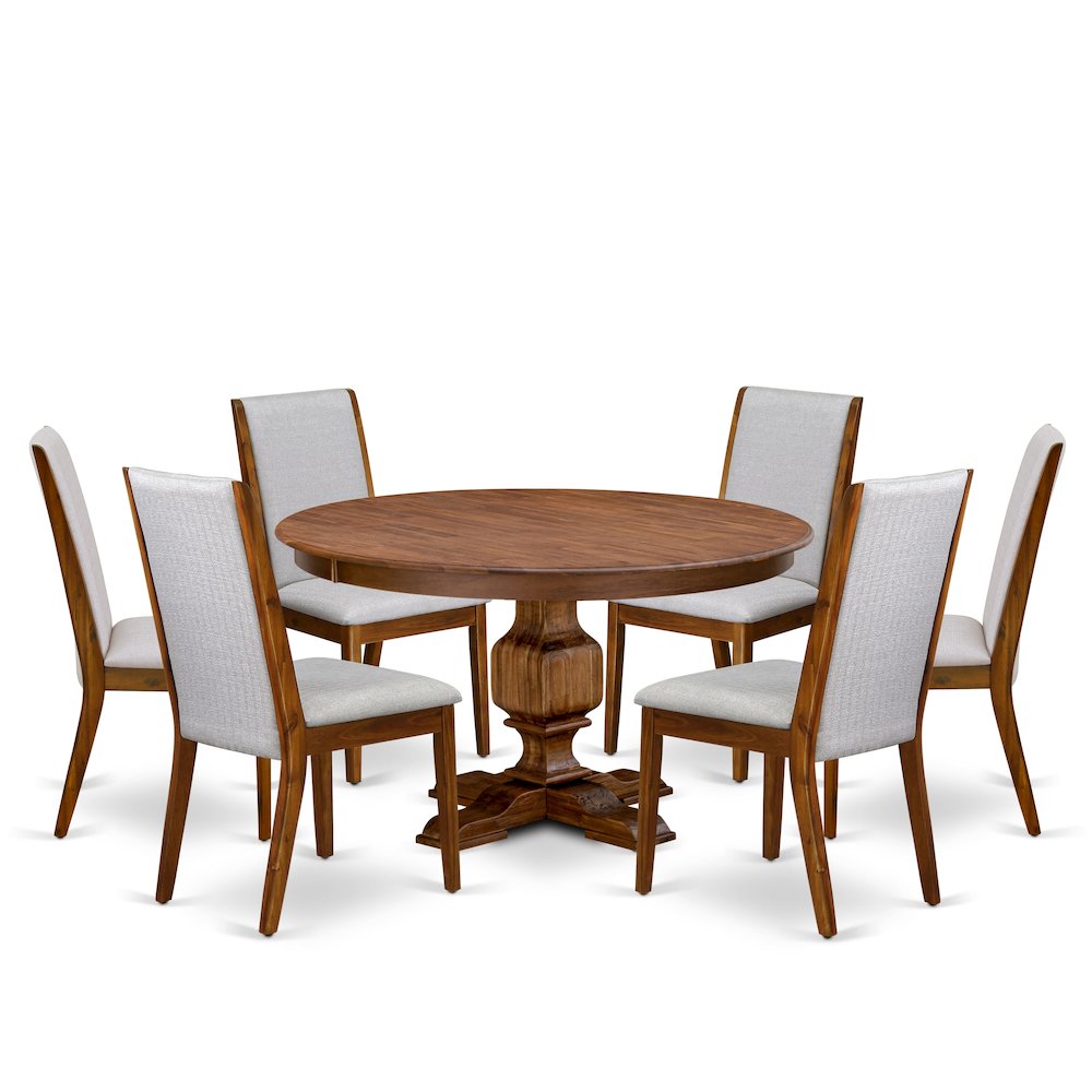 7-Piece Dining Table Set A Mid Century Modern Table, 6 Grey Fabric Room Chairs. Picture 1