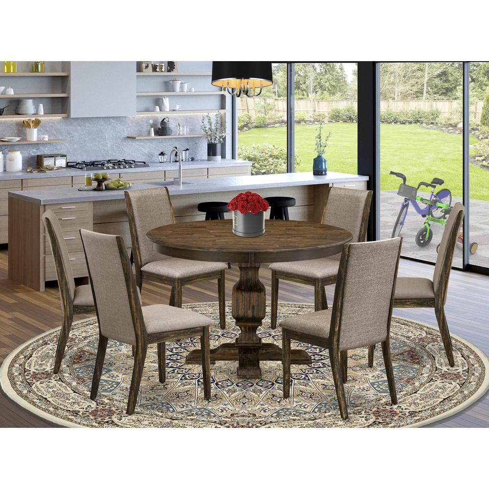 East West Furniture 7 Piece Kitchen Table Set Contains a Kitchen Table and 6 Dark Khaki Linen Fabric Dining Room Chairs with High Back - Distressed Jacobean Finish. Picture 2