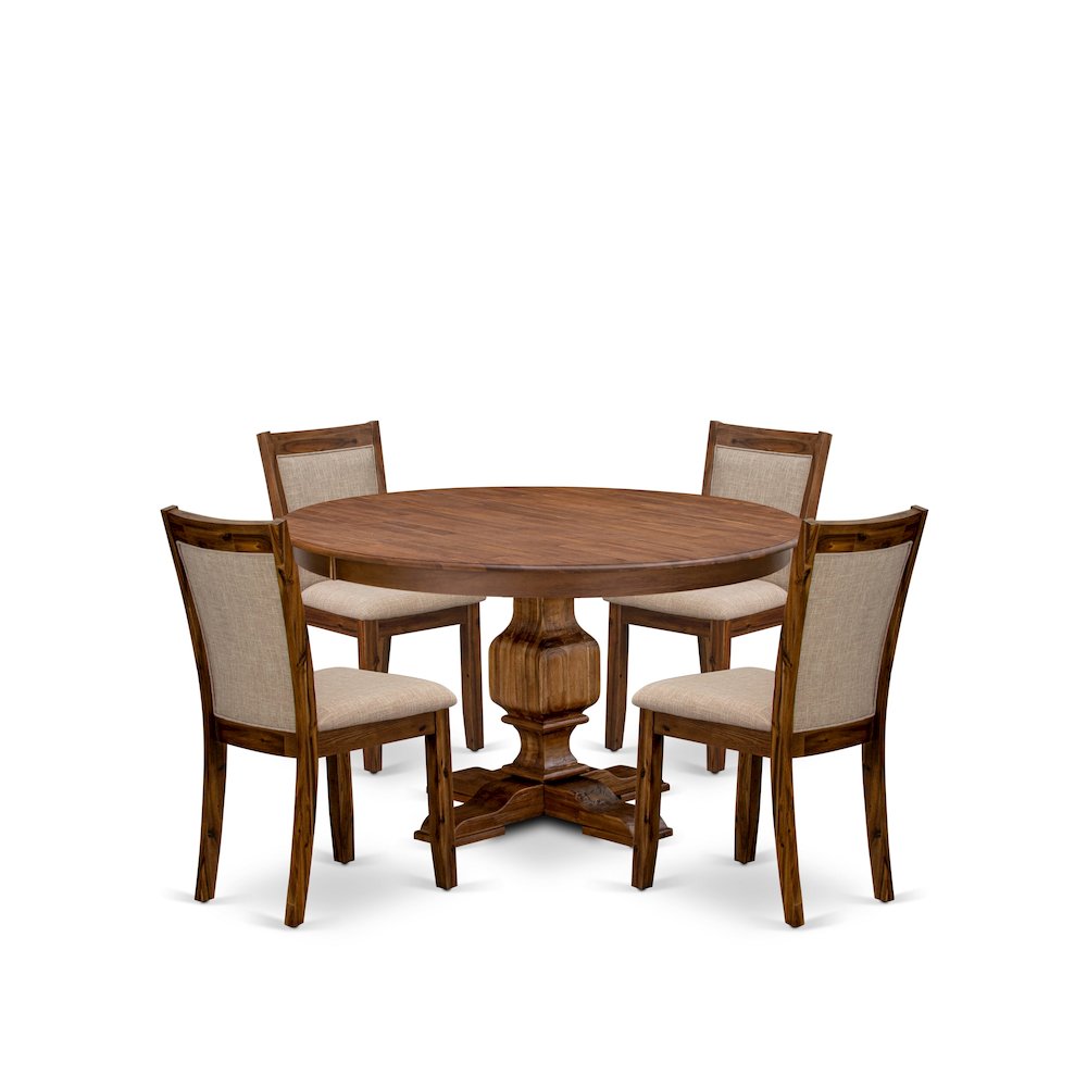 5-Pc Dining Room Set Of A Pedestal Kitchen Table, 4 Light Tan Fabric Chairs. Picture 1