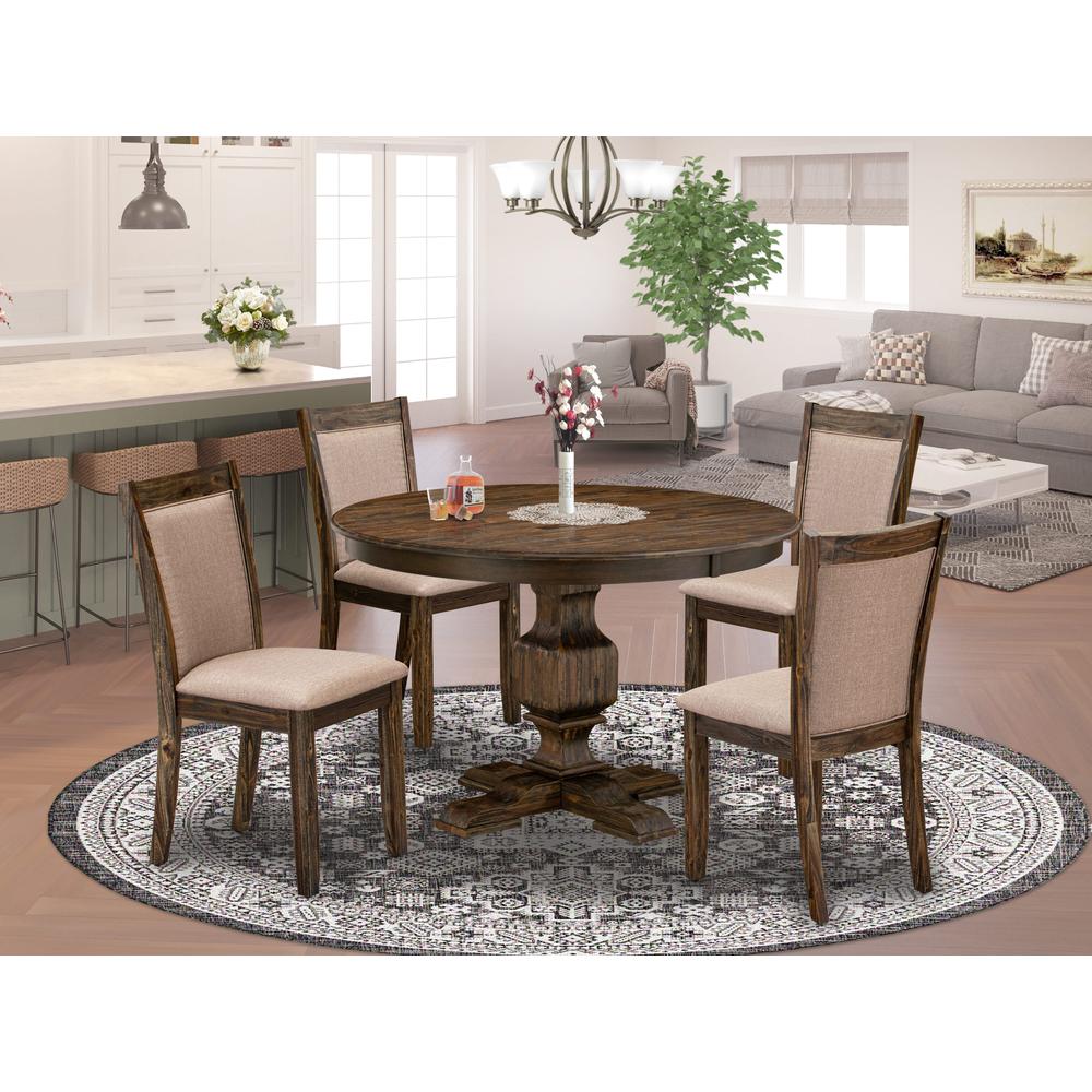 East West Furniture 5 Piece Modern Dining Table Set Consists of a Dining Room Table and 4 Dark Khaki Linen Fabric Upholstered Dining Chairs with High Back - Distressed Jacobean Finish. Picture 2