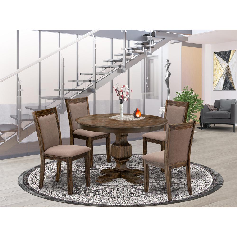 East West Furniture 5-Pc Dining Set - Kitchen Pedestal Table and 4 Coffee Color Parson Padded Chairs with High Back - Distressed Jacobean Finish. Picture 2