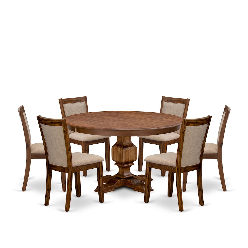 7-Pc Kitchen Table Set A Pedestal Table, 6 Light Tan Fabric Dining Room Chairs. Picture 1