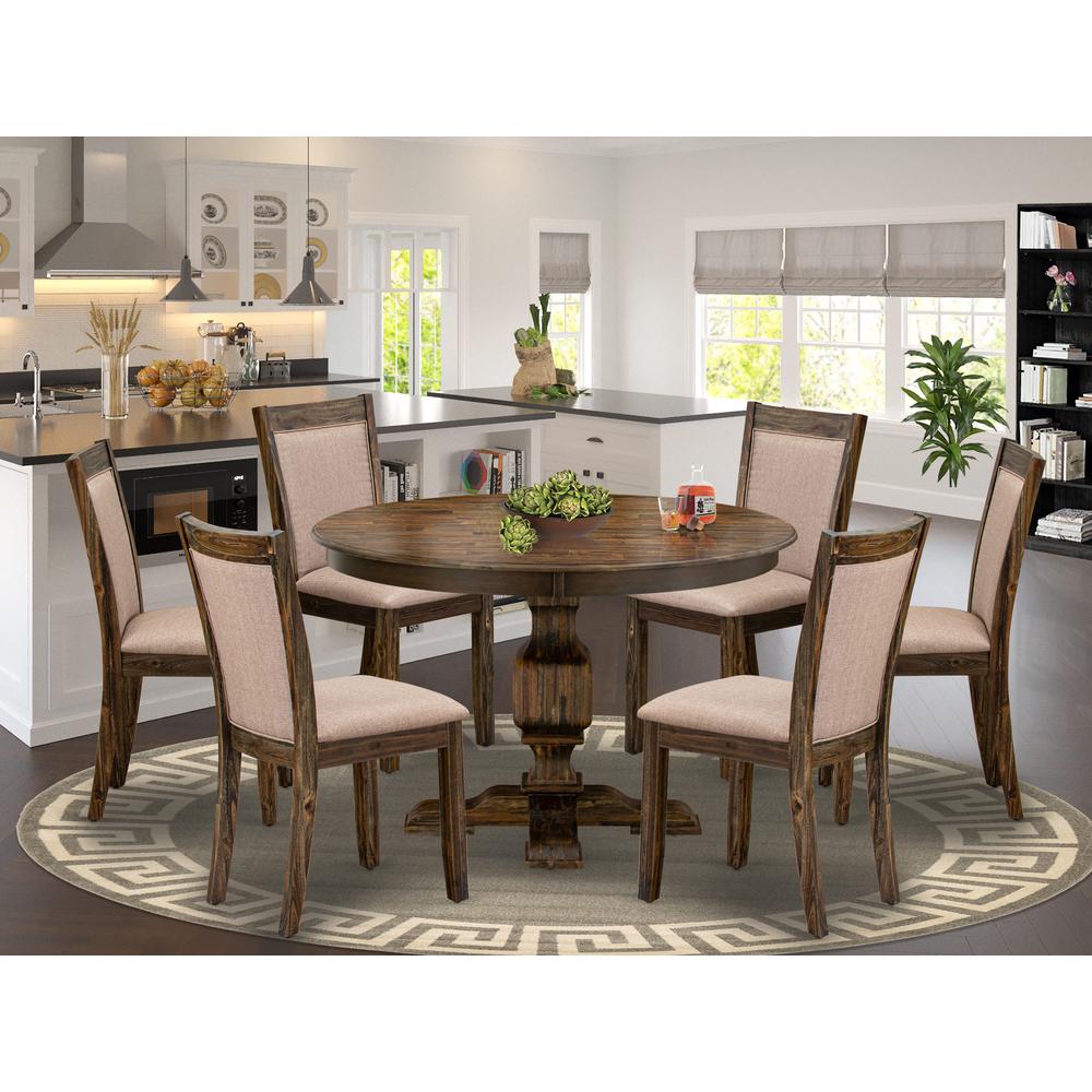 East West Furniture 7 Piece Kitchen Table Set Contains a Dinner Table and 6 Dark Khaki Linen Fabric Mid Century Modern Chairs with High Back - Distressed Jacobean Finish. Picture 2