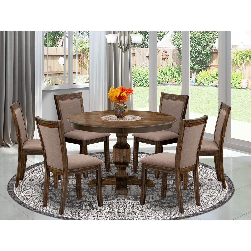 East West Furniture 7-Pc Dining Set - Kitchen Pedestal Table and 6 Coffee Color Parson Chairs with High Back - Distressed Jacobean Finish. Picture 2