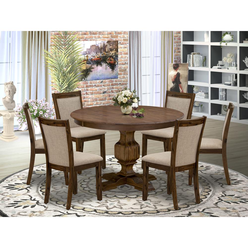 East West Furniture 7-Pc Dining Table Set - Modern Pedestal Dining Table and 6 Light Tan Color Parson Dining Chairs with High Back - Antique Walnut Finish. Picture 2