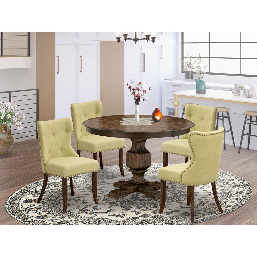 East West Furniture 5-Piece Modern Dining Set - Wooden Pedestal Dining Table and 4 Limelight Color Parson Dining Room Chairs with Button Tufted Back - Distressed Jacobean Finish. Picture 2