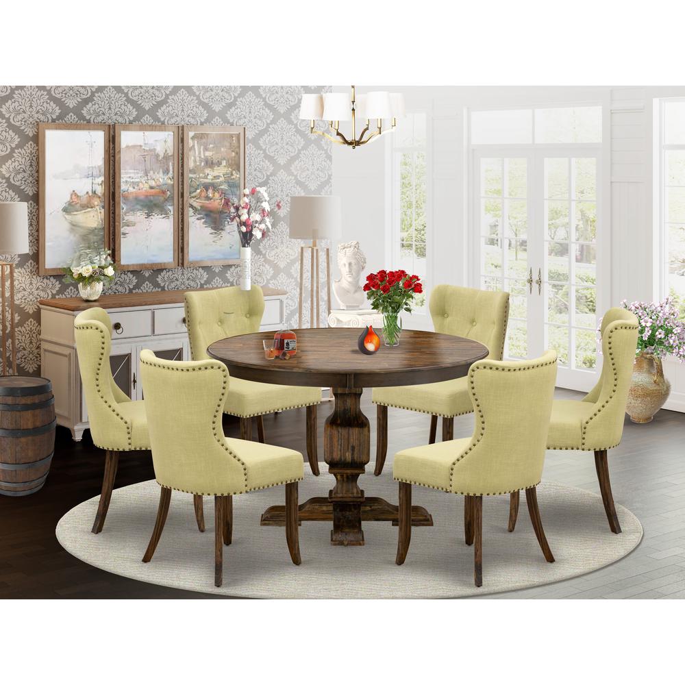 East West Furniture 7-Pc Dining Room Table Set - Modern Pedestal Dining Table and 6 Limelight Color Parson Wood Chairs with Button Tufted Back - Distressed Jacobean Finish. Picture 2