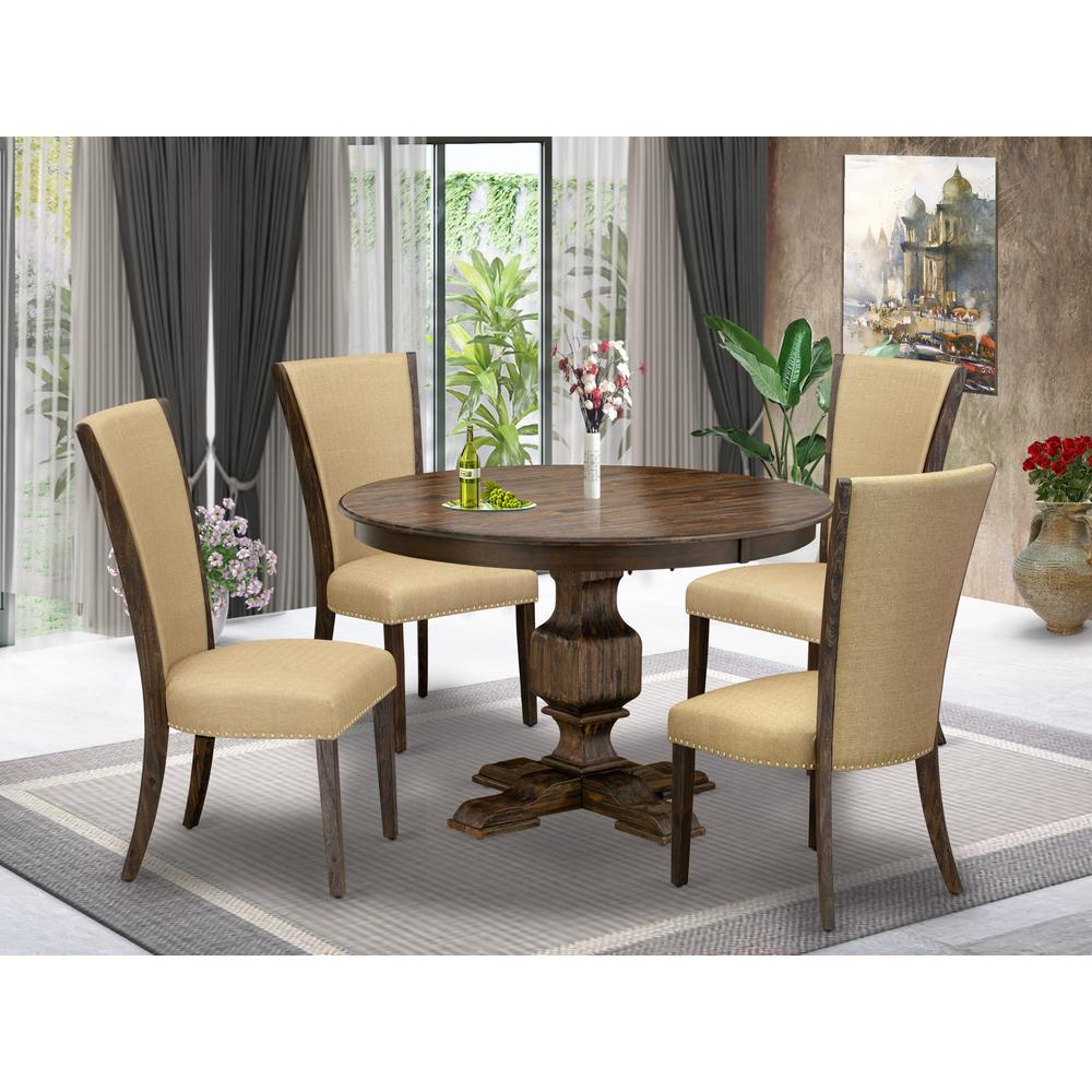 East West Furniture 5-Piece Kitchen Dining Table Set - Pedestal Dining Table and 4 Brown Color Parson Modern Chairs with High Back - Distressed Jacobean Finish. Picture 2