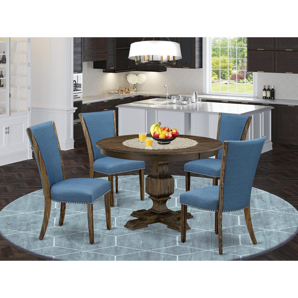 East West Furniture 5-Piece Modern Dining Set - Wood Pedestal Table and 4 Blue Color Parson Dining Room Chairs with High Back - Distressed Jacobean Finish. Picture 2