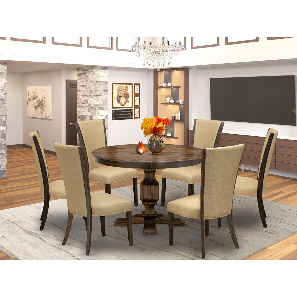 East West Furniture 7-Pc Dinette Set - Pedestal Dinner Table and 6 Brown Color Parson Dining Room Chairs with High Back - Distressed Jacobean Finish. Picture 2