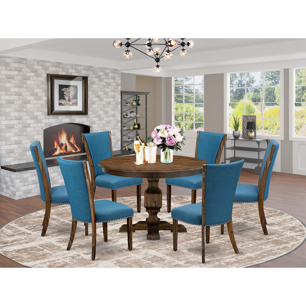 East West Furniture 7-Pc Dinette Set - Mid Century Modern Pedestal Dining Table and 6 Blue Color Parson Chairs with High Back - Distressed Jacobean Finish. Picture 2