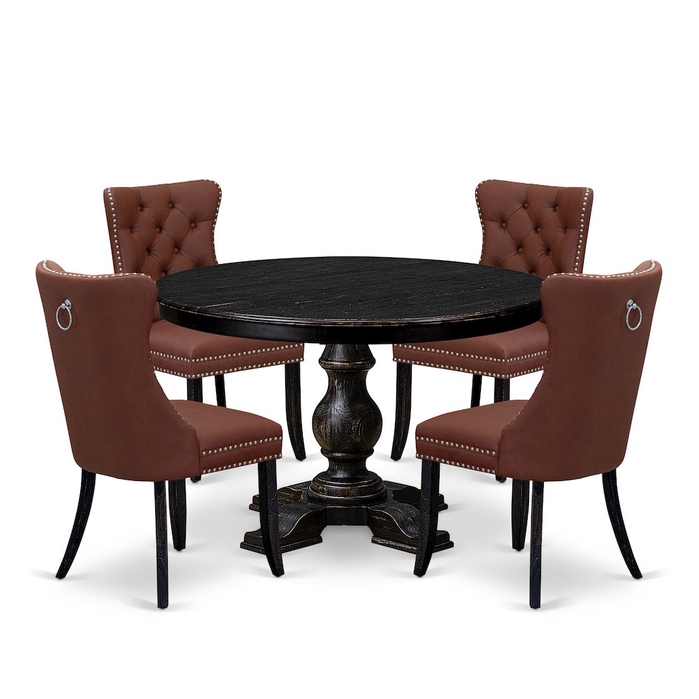 5 Piece Dining Table Set Contains 48" Round Table In Burgandy Color. Picture 1
