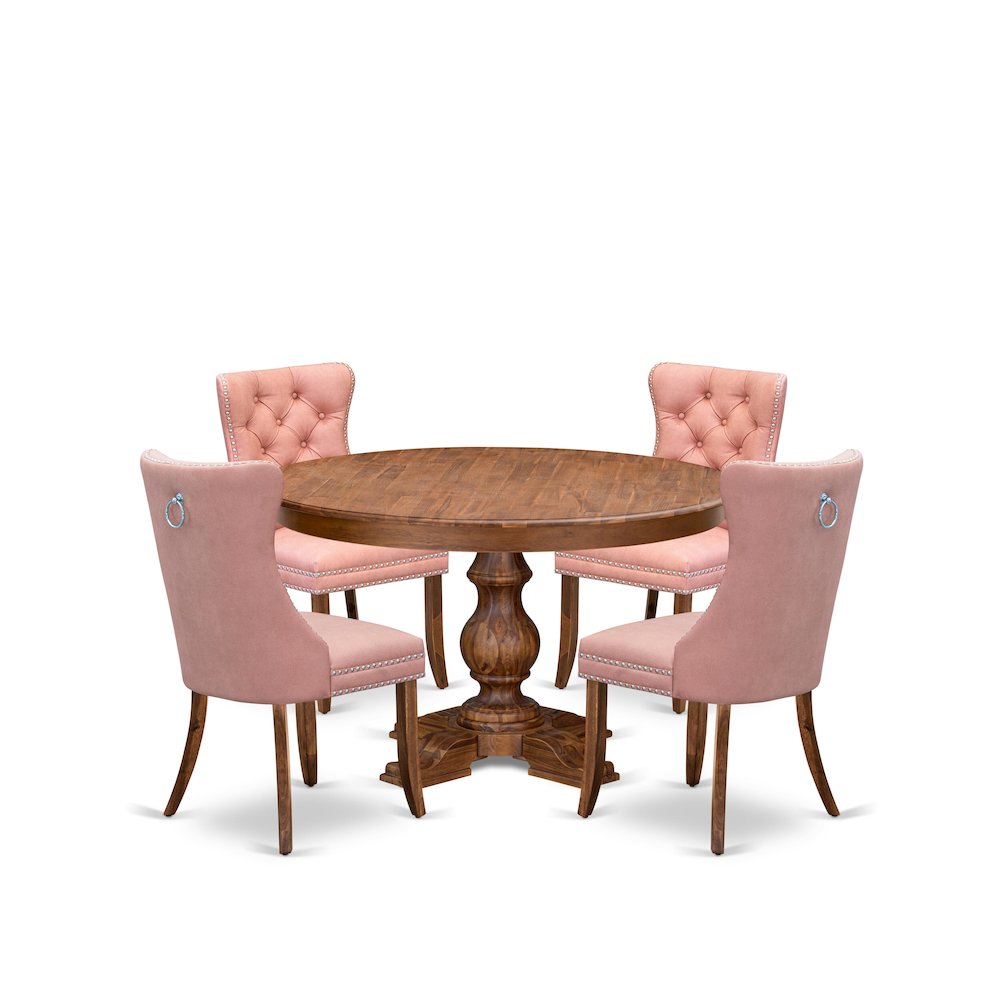 5-Pc Dining Set Contain A Wooden Kitchen Table And 4 Beige Red Parson Chairs. Picture 1