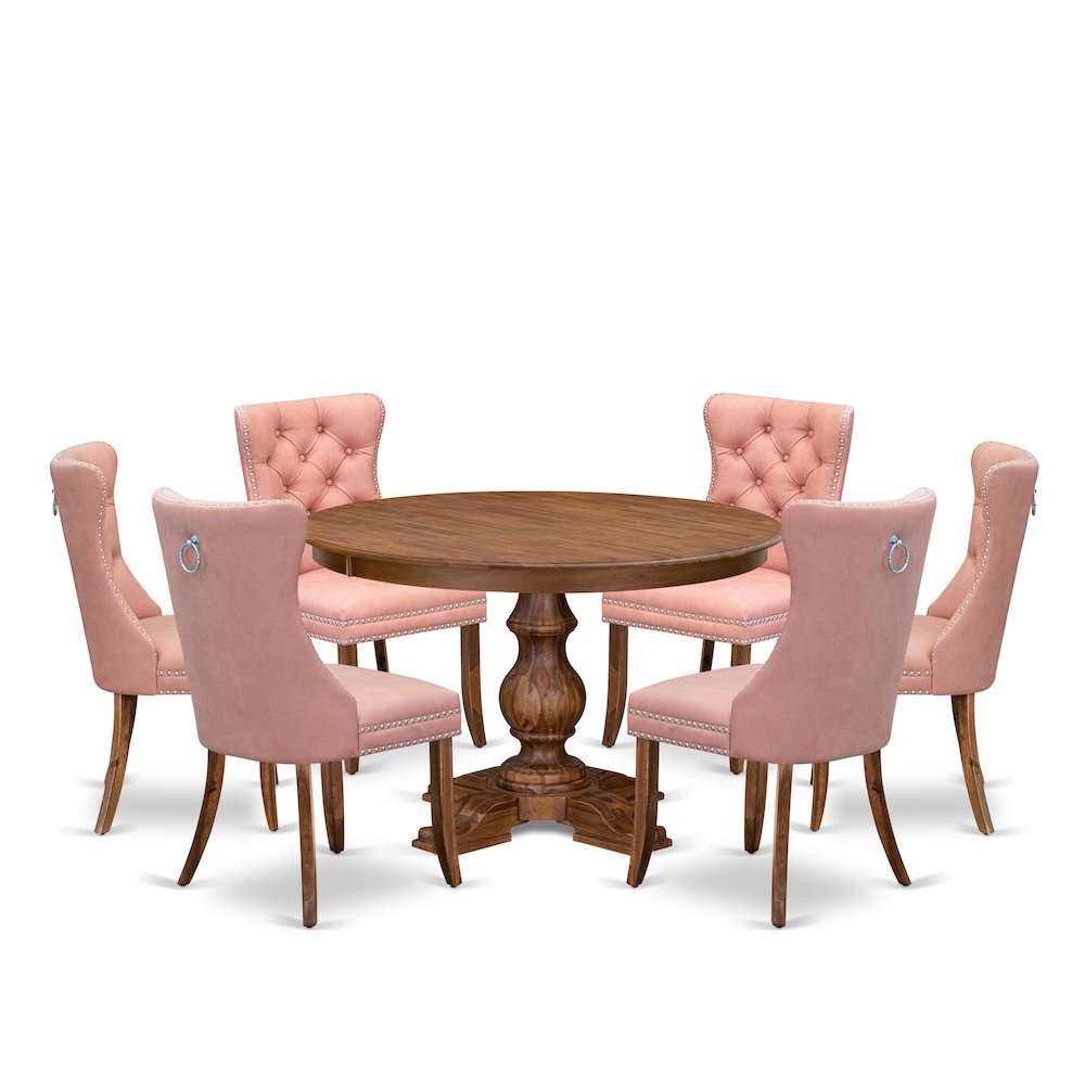 7-Pc Mid Century Modern Dining Table Set Include A Table And 6 Beige Red Chairs. Picture 1