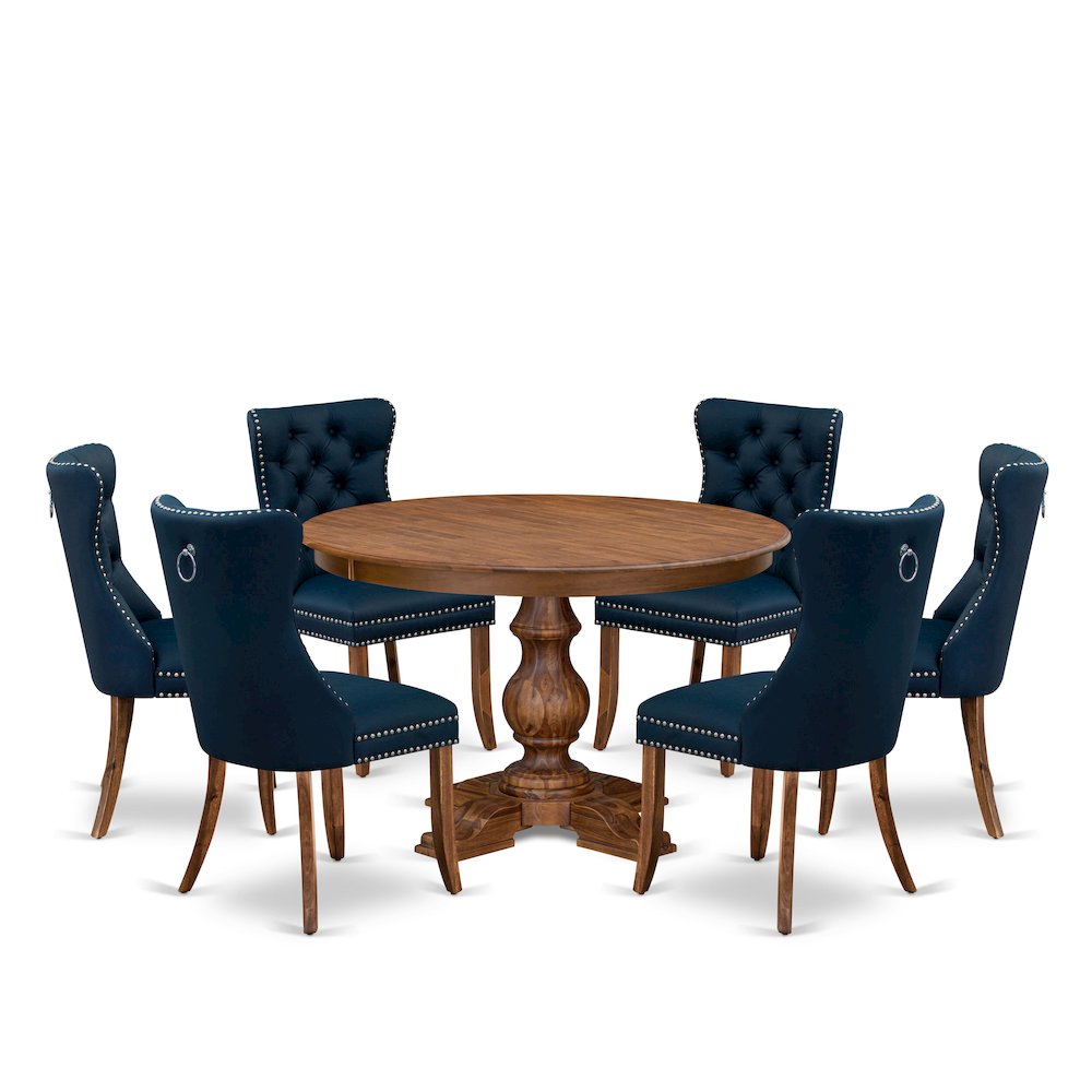 7-Piece Kitchen Table Set Featuring 6 Navy Blue Faux Leather Dining Chairs. Picture 1