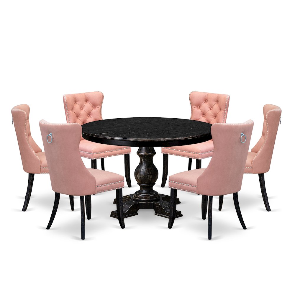 7 Piece Dining Set Includes 48" Round Kitchen Table In Beige Red Color. Picture 1
