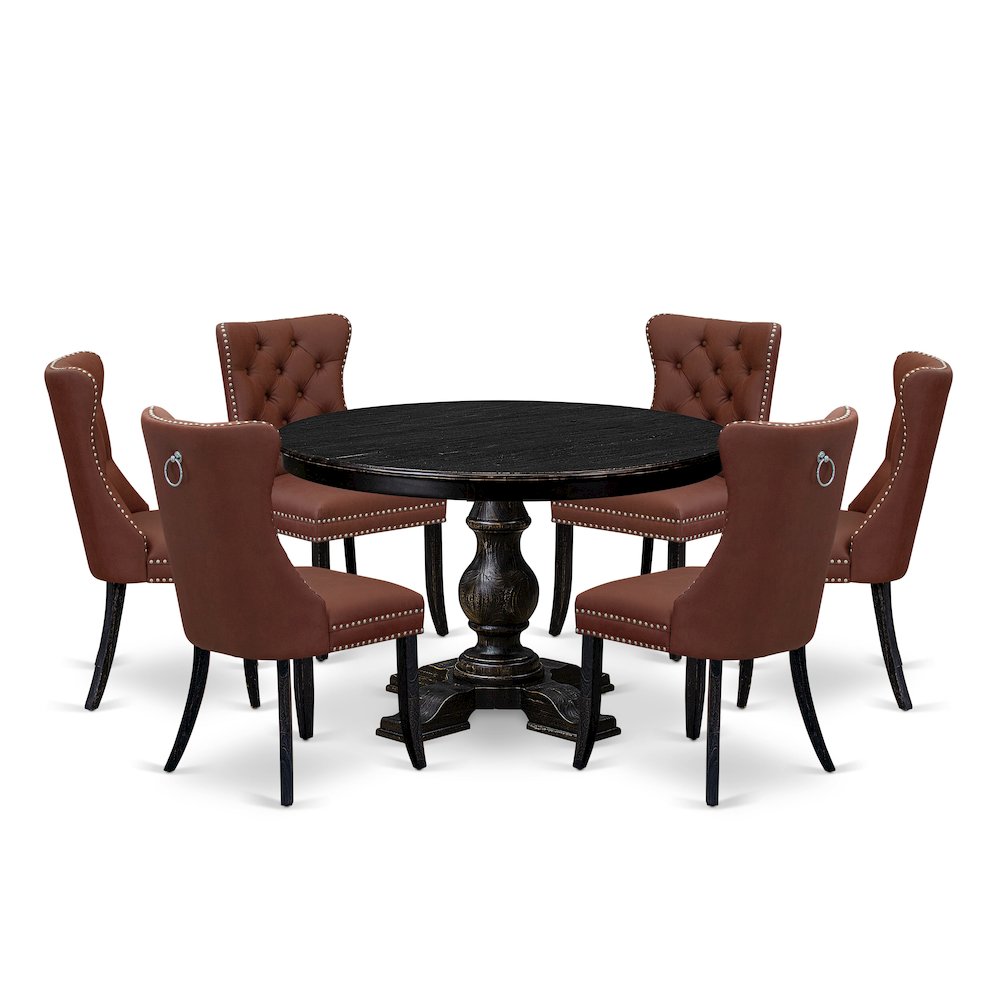 7 Piece Dining Table Set Includes 48" Round Table In Burgandy Color. Picture 1