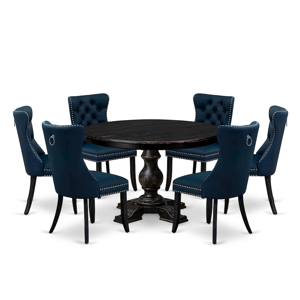 7 Piece Dining Table Set Contains 48" Round Table In Navy Blue Color. Picture 1